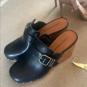 Lucky Brand Black Leather Mules with Silver Buckle